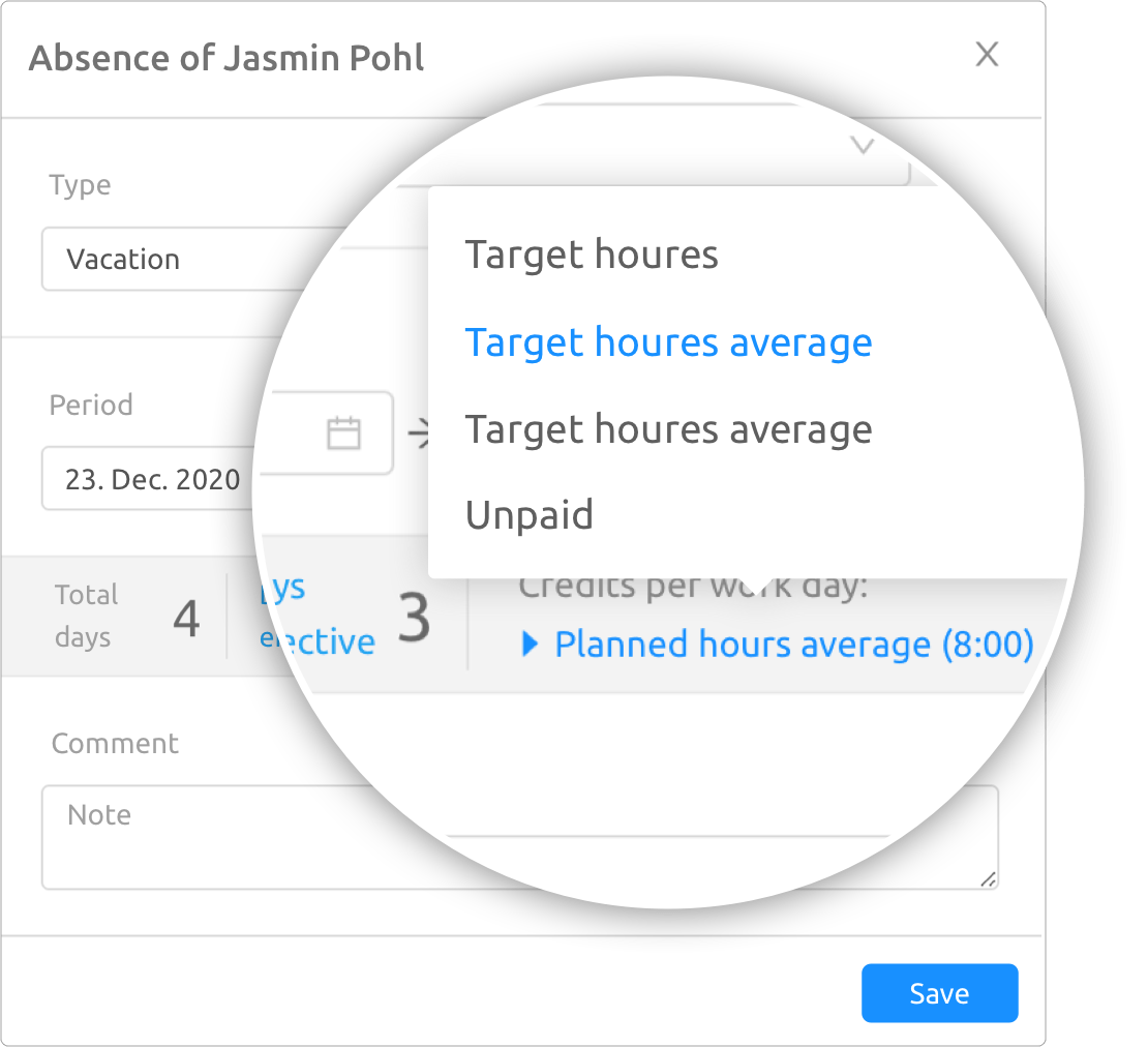 Planejador de férias crédito por dia de trabalho